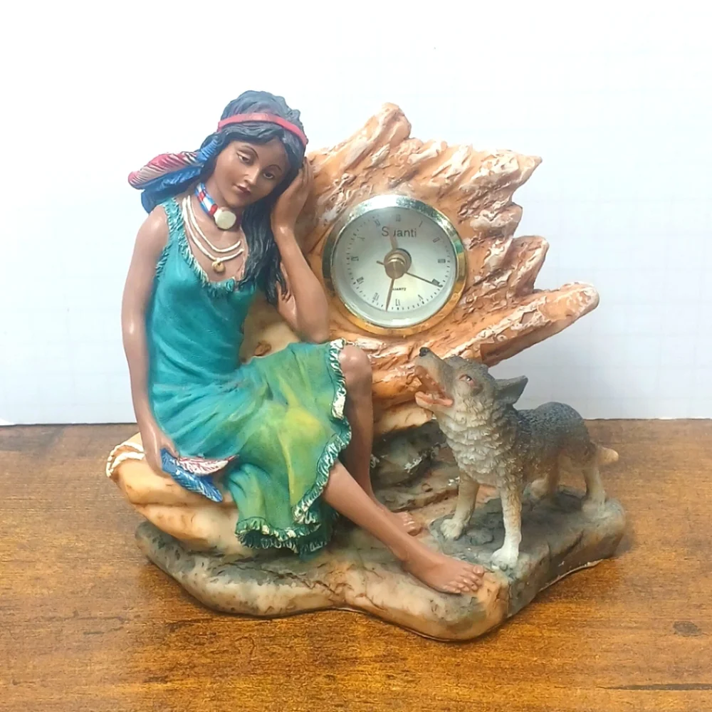 Vintage Native American Indian Maiden & Wolf Ceramic Figure Clock